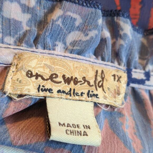 ONE WORLD Red White Blue Patriotic Sheer Blouse Tie Plus 1X - Picture 4 of 7